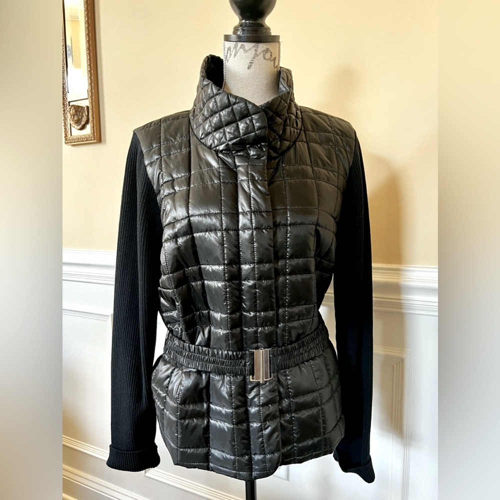 Knit, High Collar-Belted, High-Low Quilted Black Jacket.